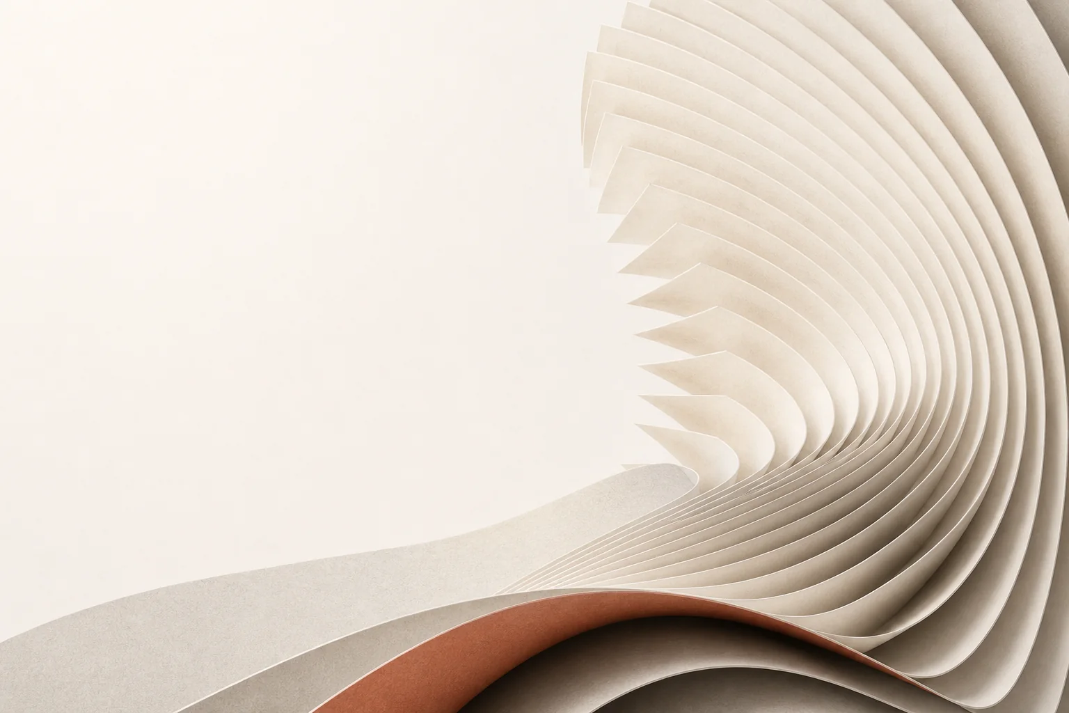 Cream folded-paper wave curling above a restrained terracotta layer.