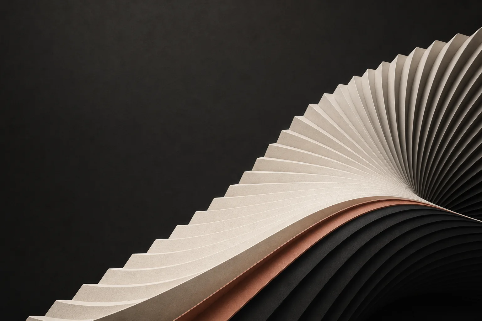 Folded cream and terracotta paper rising in an architectural wave across a dark ink field.